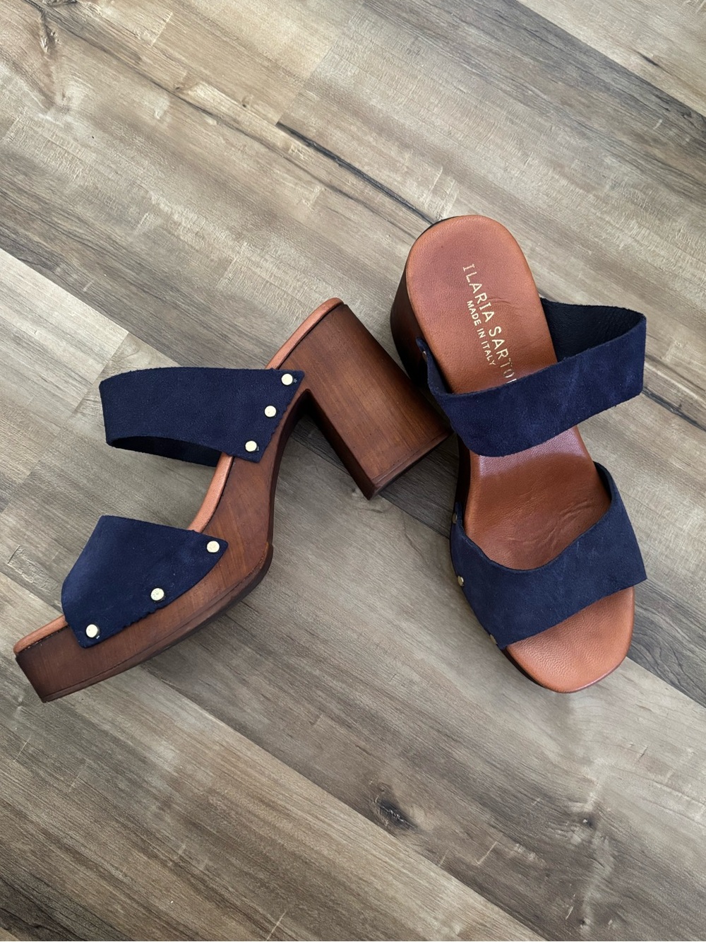 Ilaria Sartori Genuine Leather Navy Suede Block Heel Sandals